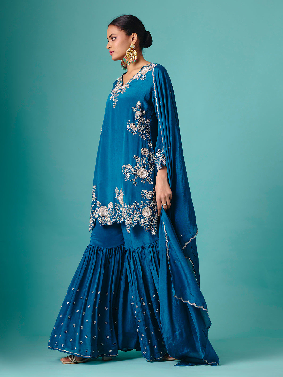 Teal blue georgette V neck elegant sharara suit