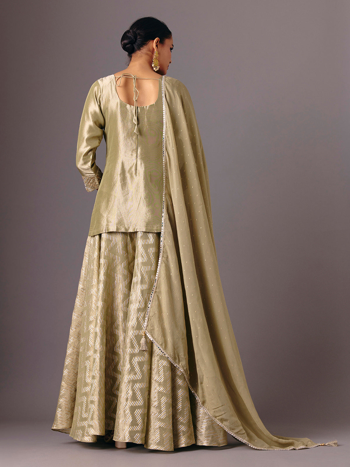 Olive silk mirror embellished quarter sleeve palazzo suit