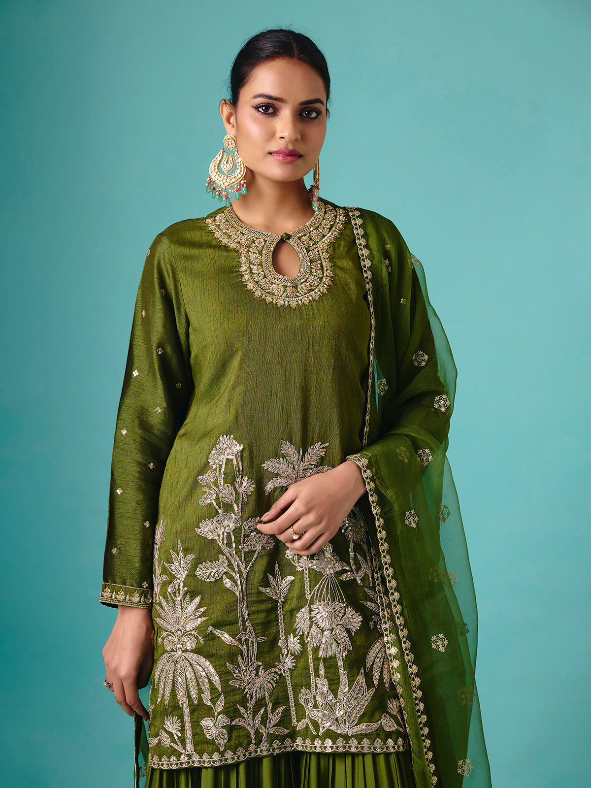 Green chinon silk net detailed sharara suit