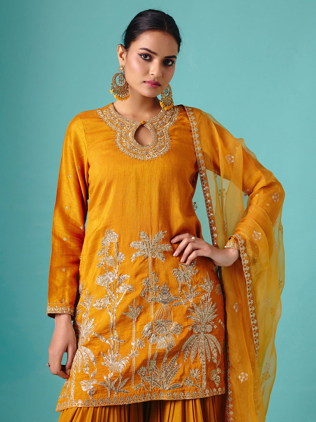 Mustard yellow chinon silk net flowy sharara suit