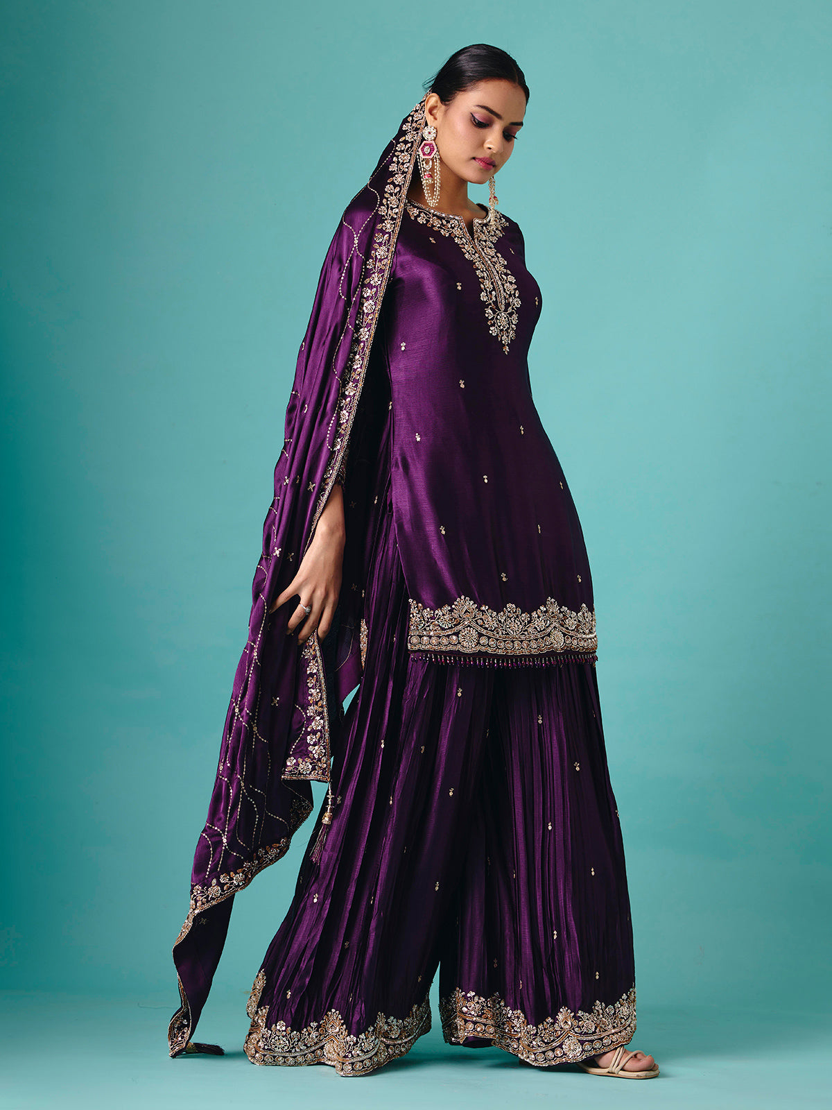 Violet chinon silk full sleeve flared palazzo suit