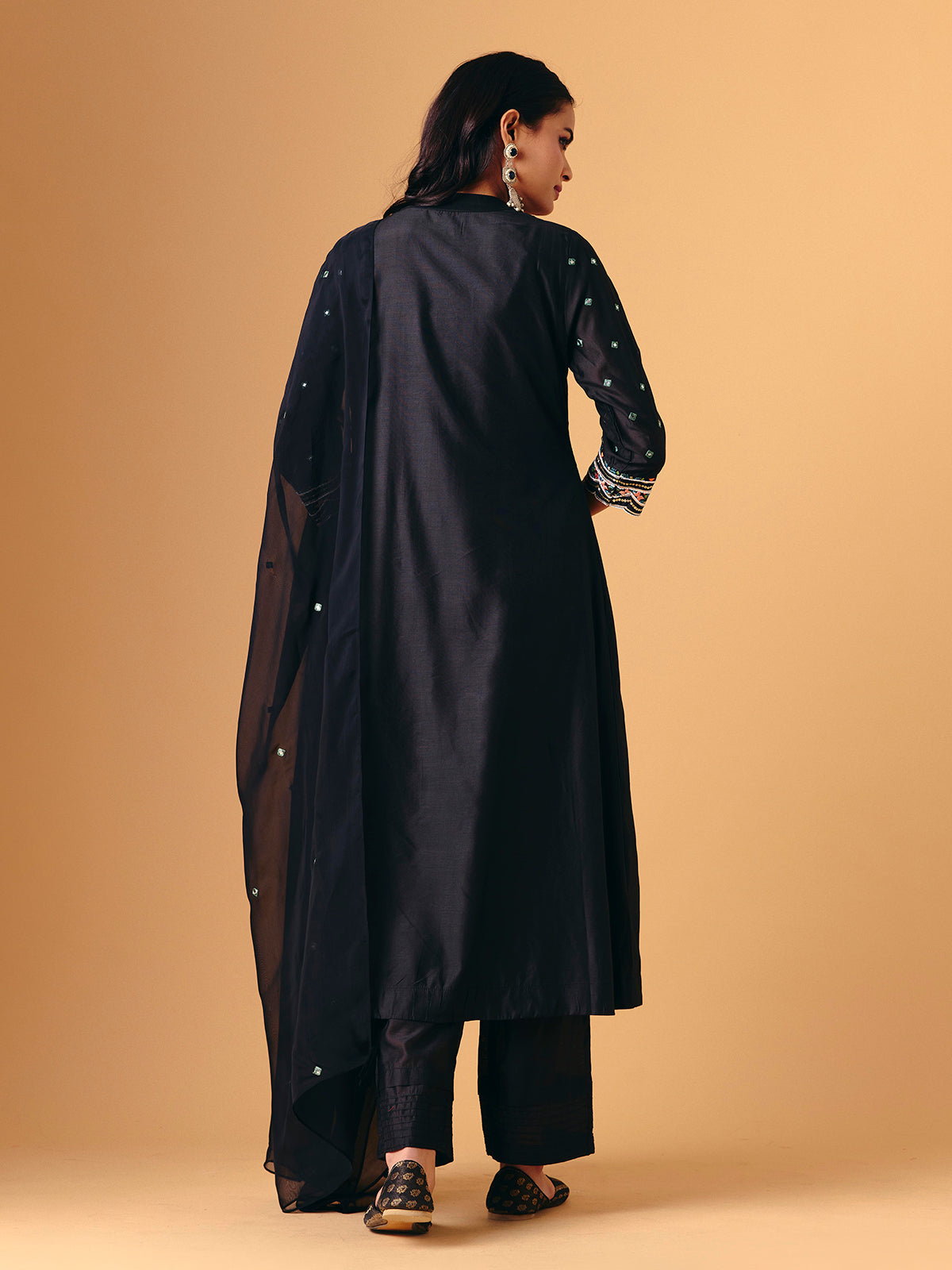Black cotton silk quarter sleeve pant style suit