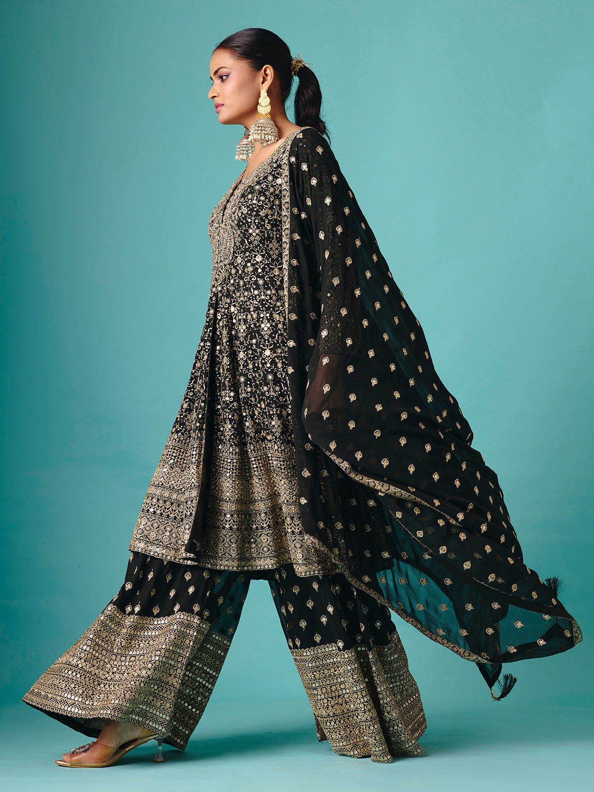 Black silk quarter sleeve embroidered palazzo suit