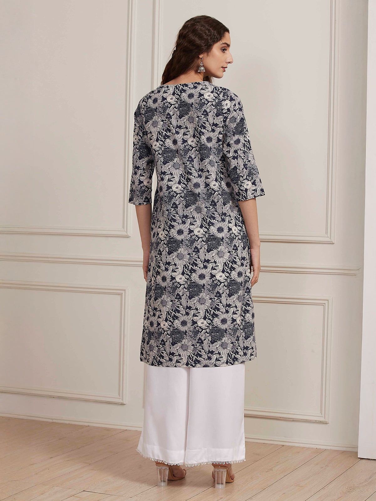 Blue floral printed cotton silk kurti