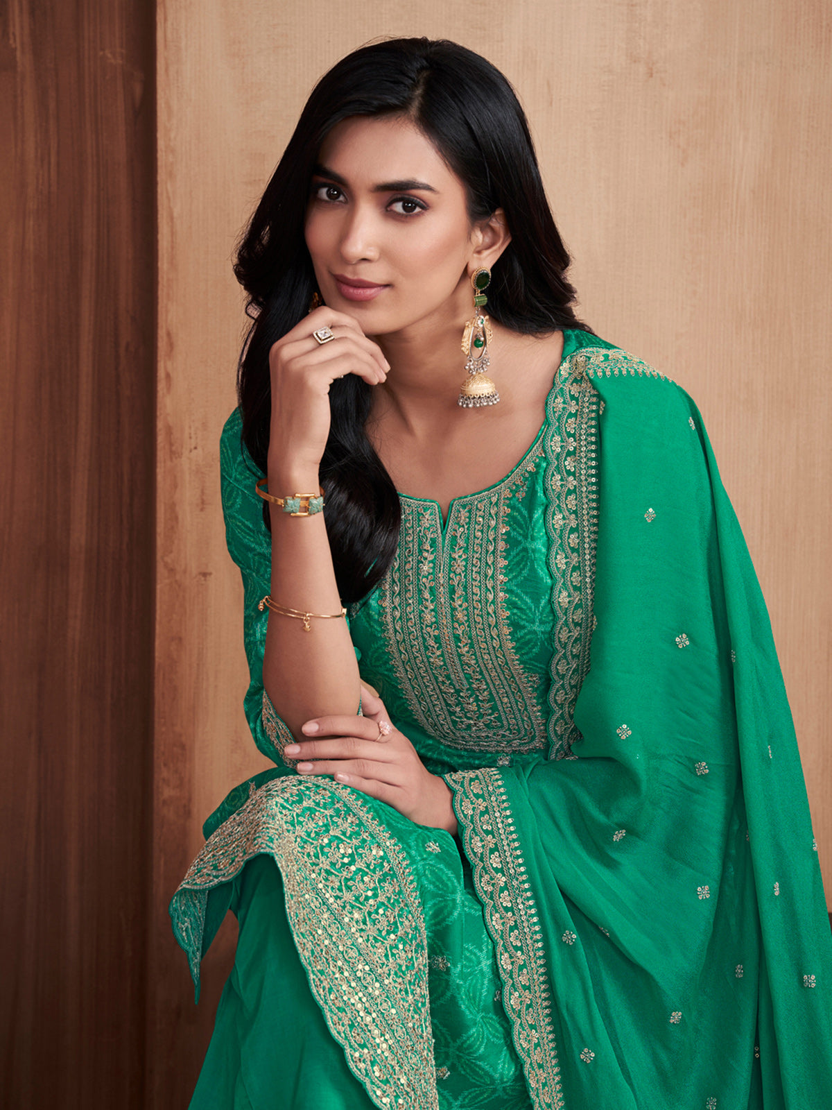 Green printed straight cut silk wedding kurti set