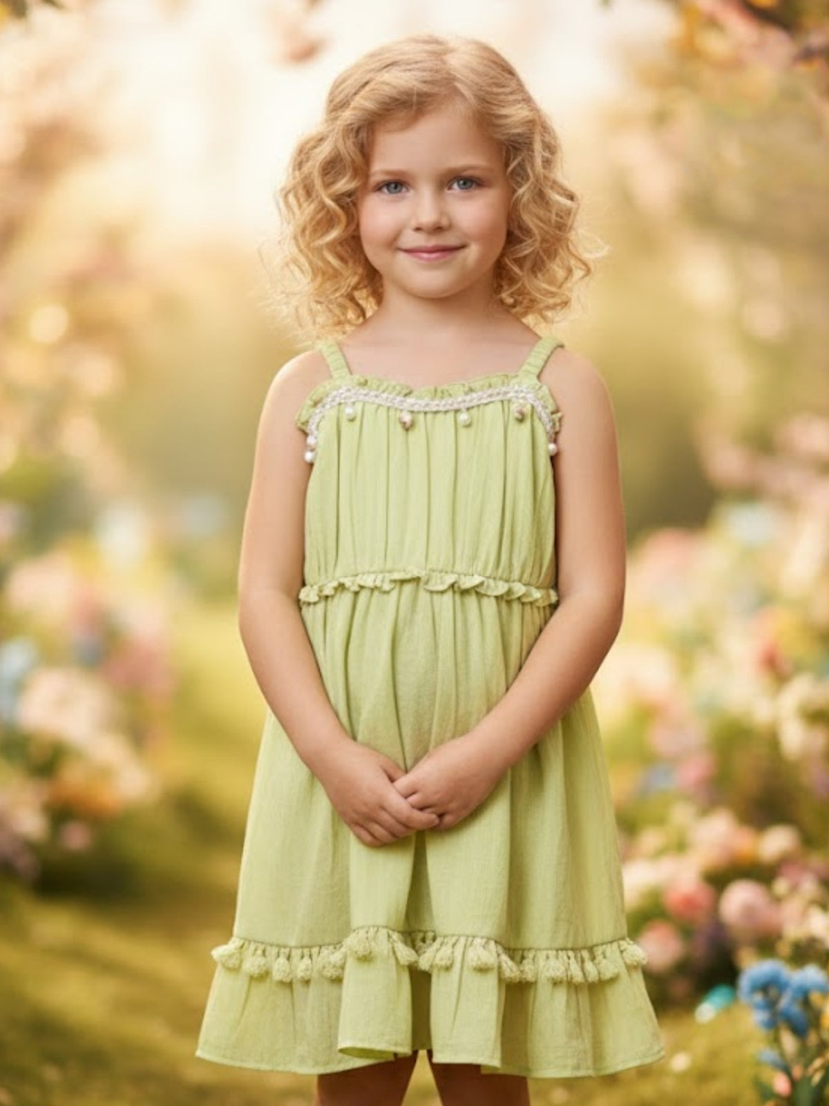 Light green cotton frock with pearl cowrie detailing