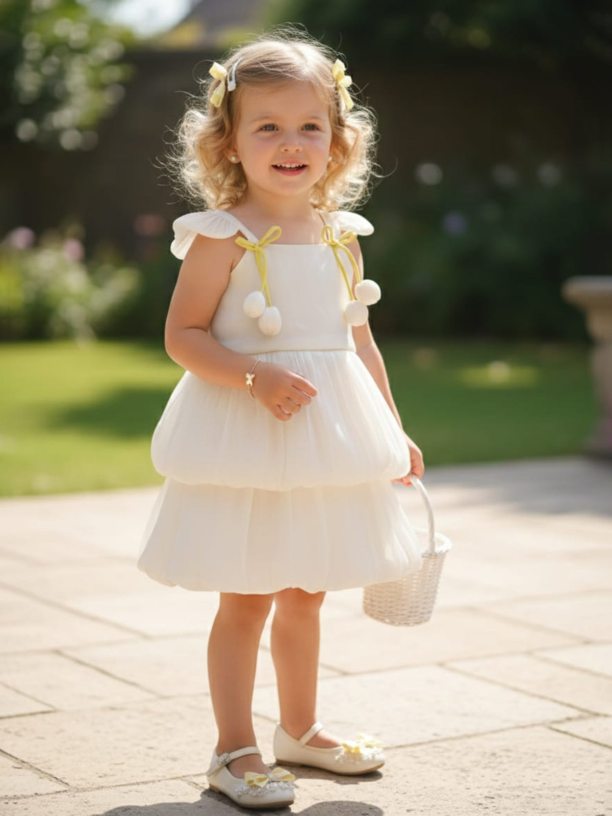 Cream designer organza square neck girls frock