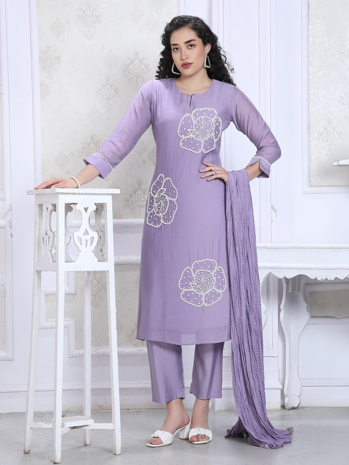 Purple silk keyhole neck embellished kurti set
