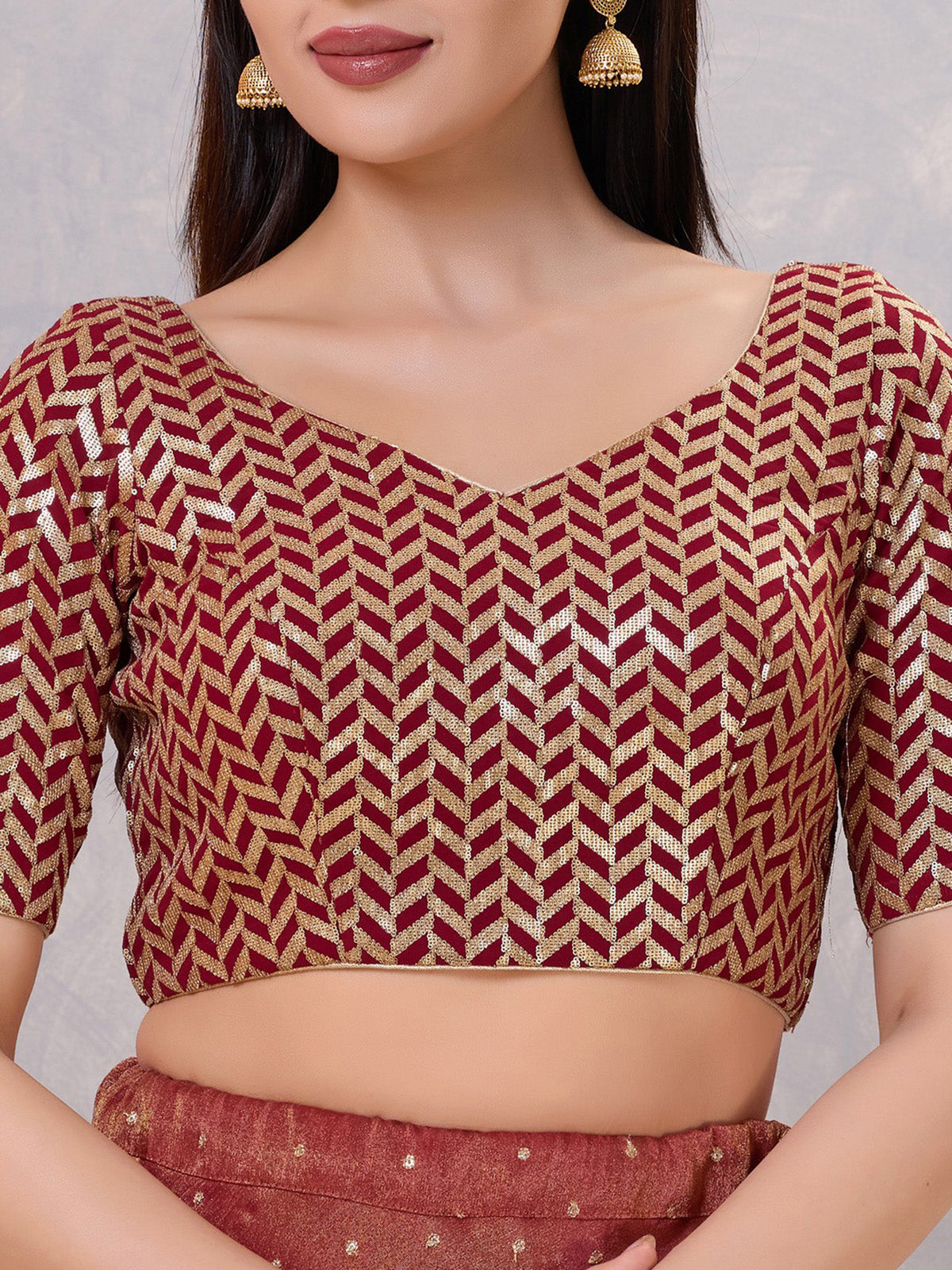 Maroon silk sequin work and sweetheart neck blouse