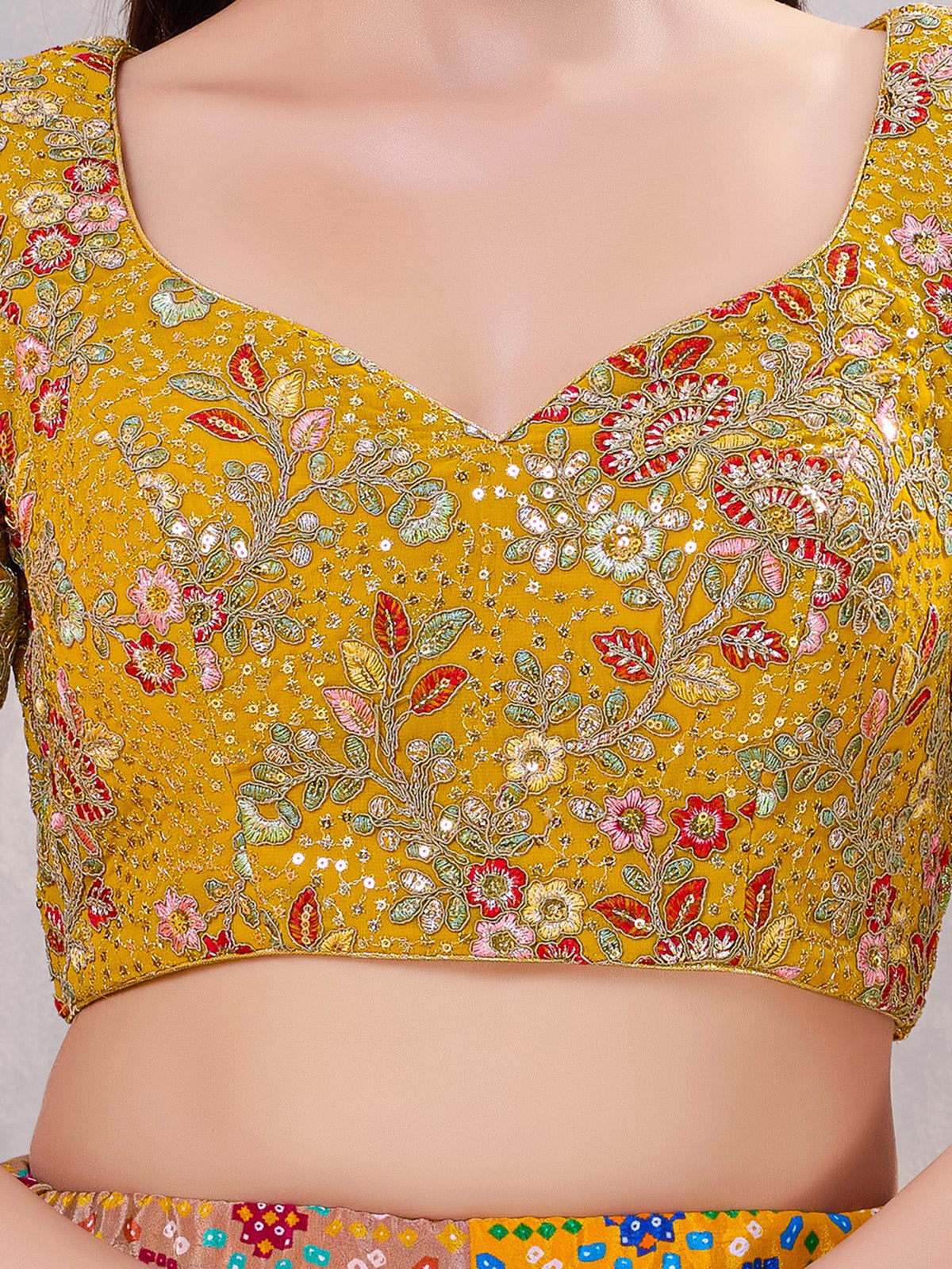 Mustard yellow silk embroidered work blouse