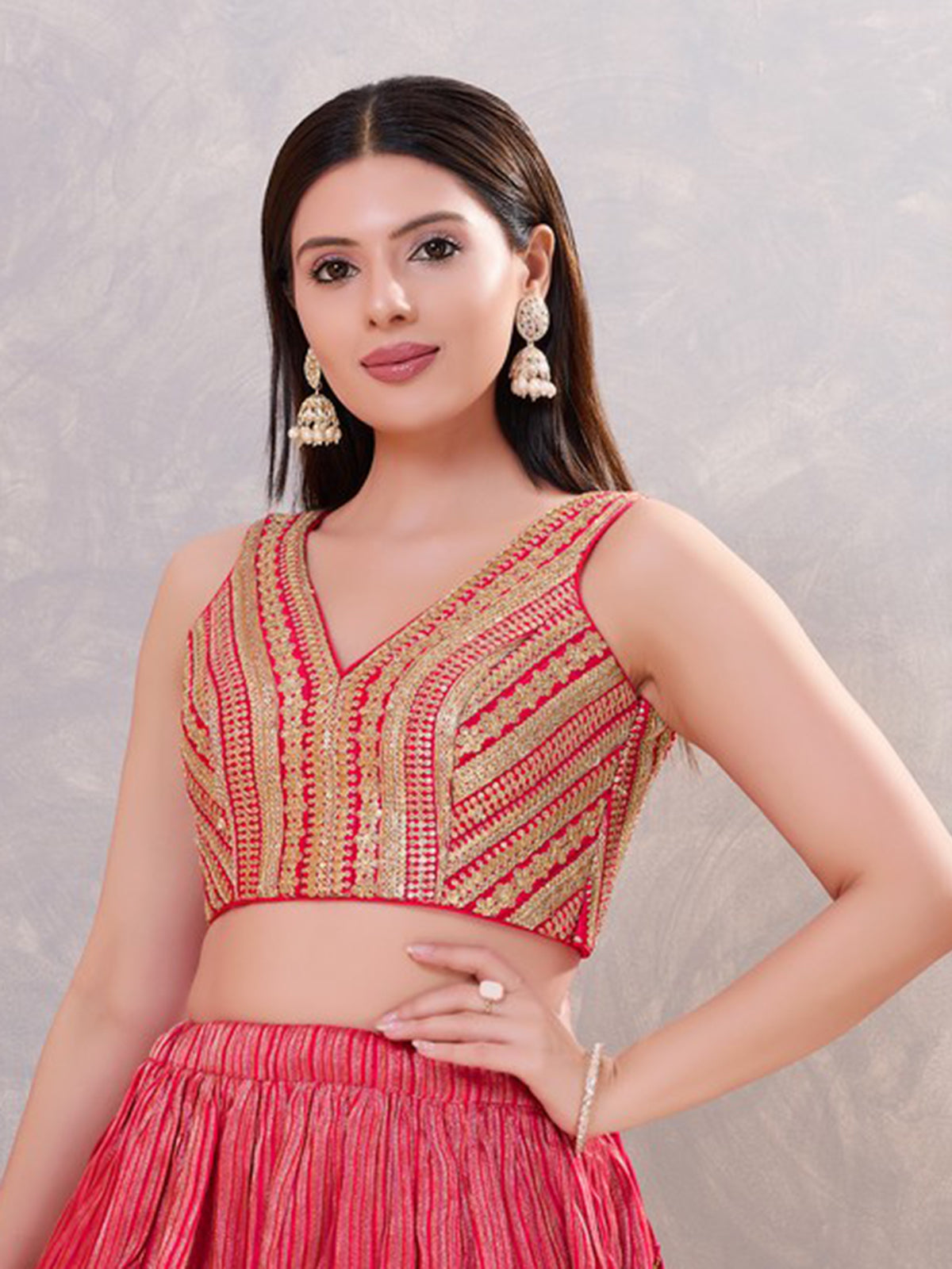 Dark pink sequin V neck back open blouse