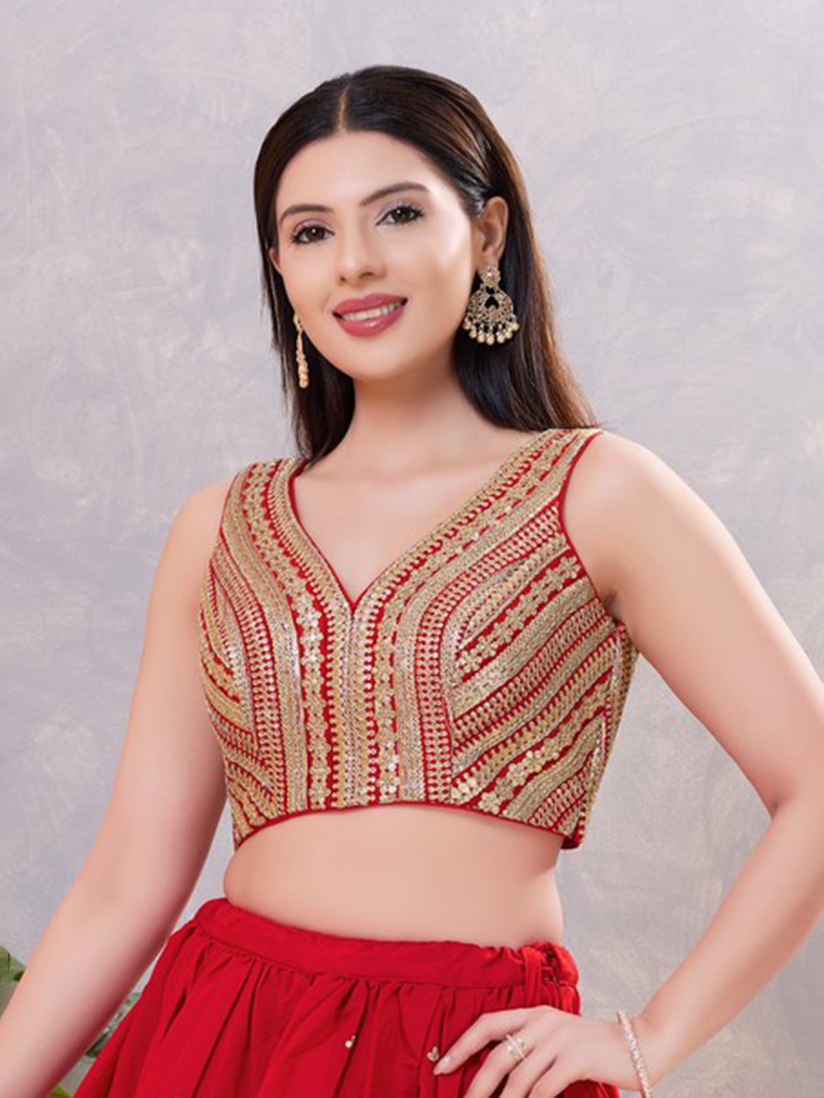 Dark red sequin V neck sleeveless blouse