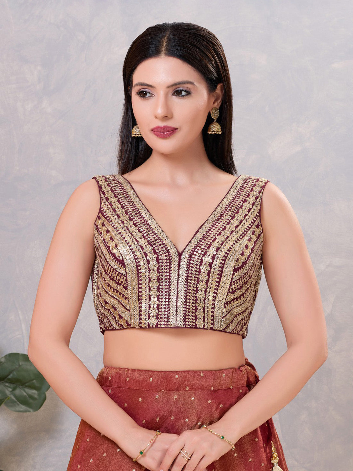 Wine sequin V neck back open blouse