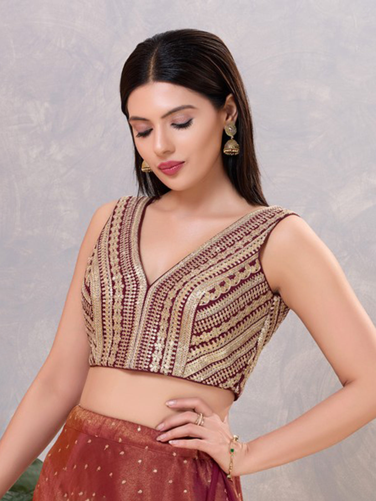 Wine sequin V neck back open blouse