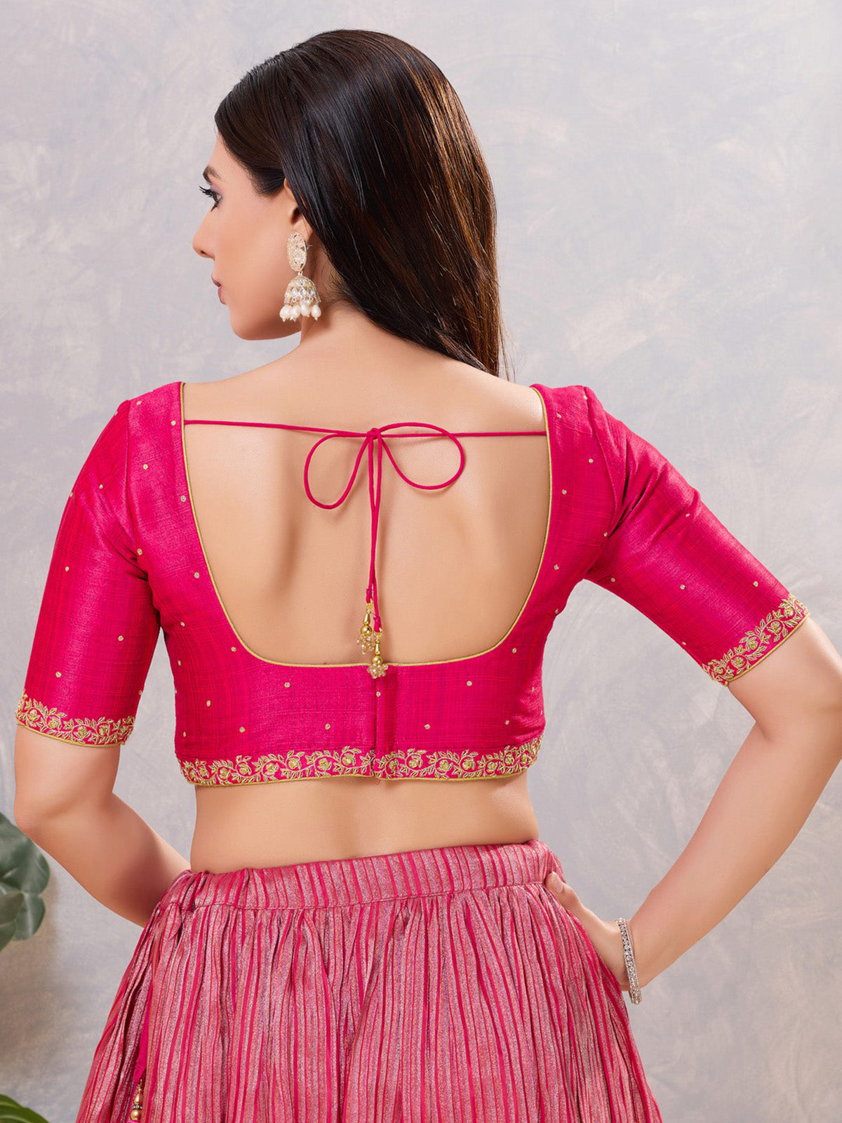 Dark pink silk zardosi and square neck blouse
