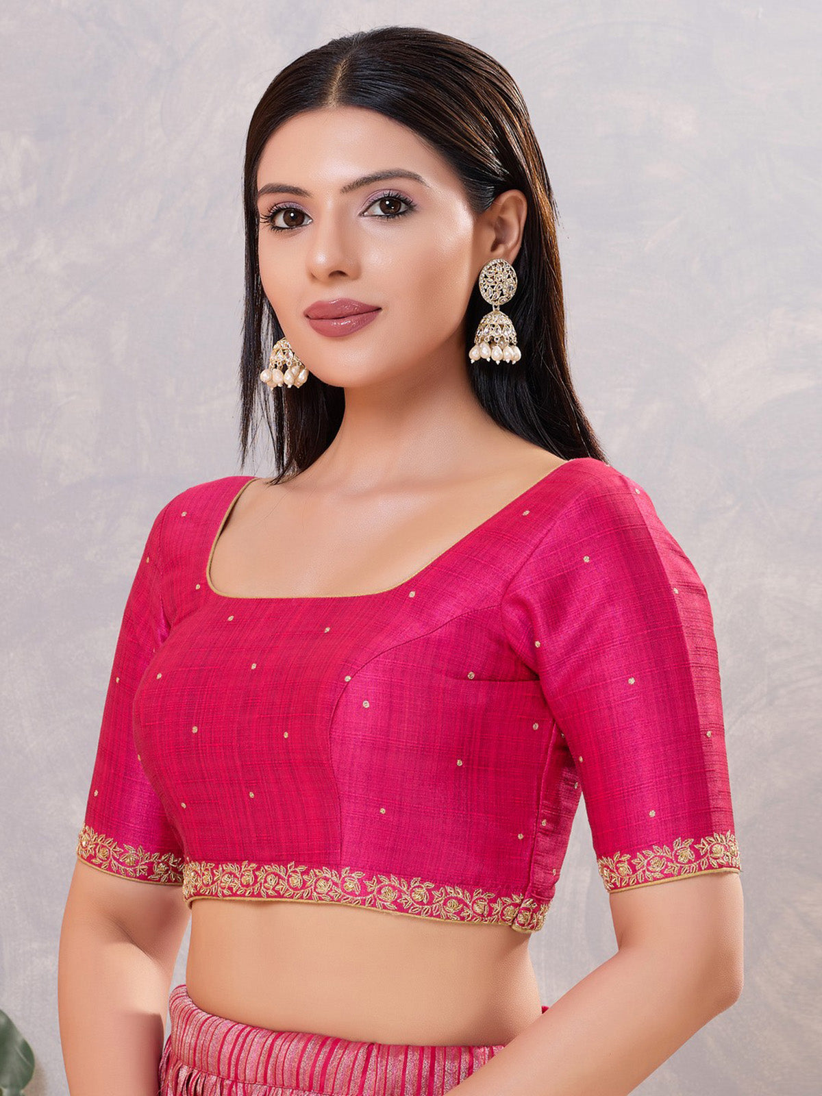 Dark pink silk zardosi and square neck blouse