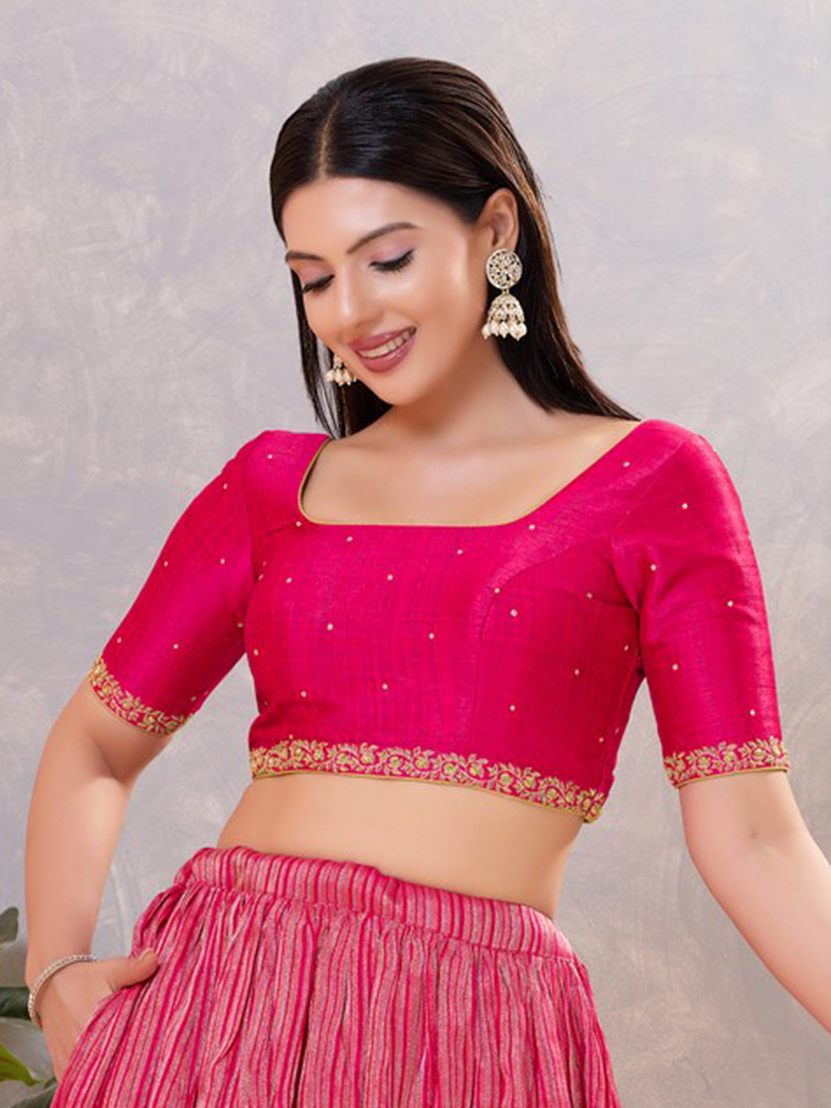 Dark pink silk zardosi and square neck blouse