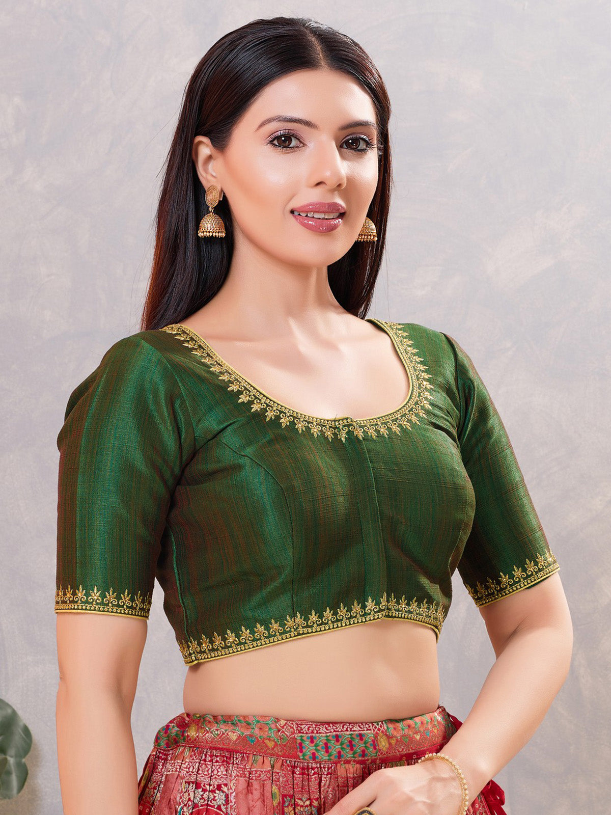 Bottle green silk resham and stone front open blouse