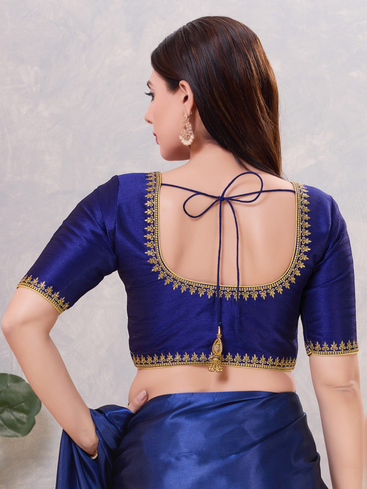 Royal blue silk resham and stone front open blouse