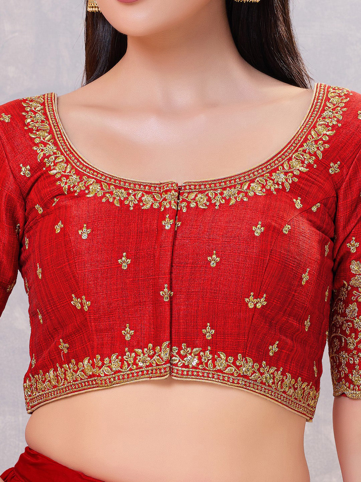Red silk embroidered and sequin work front open blouse