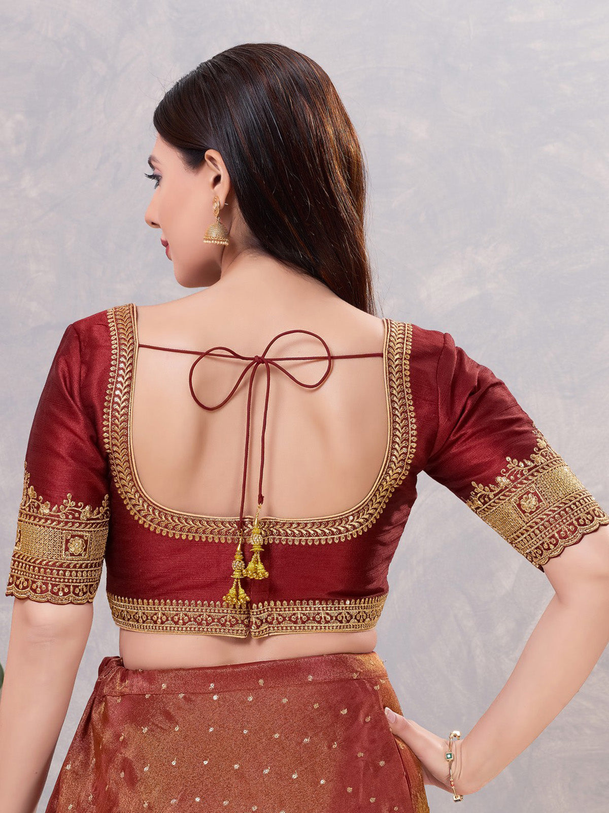 Dark maroon silk embroidery and sequin work blouse