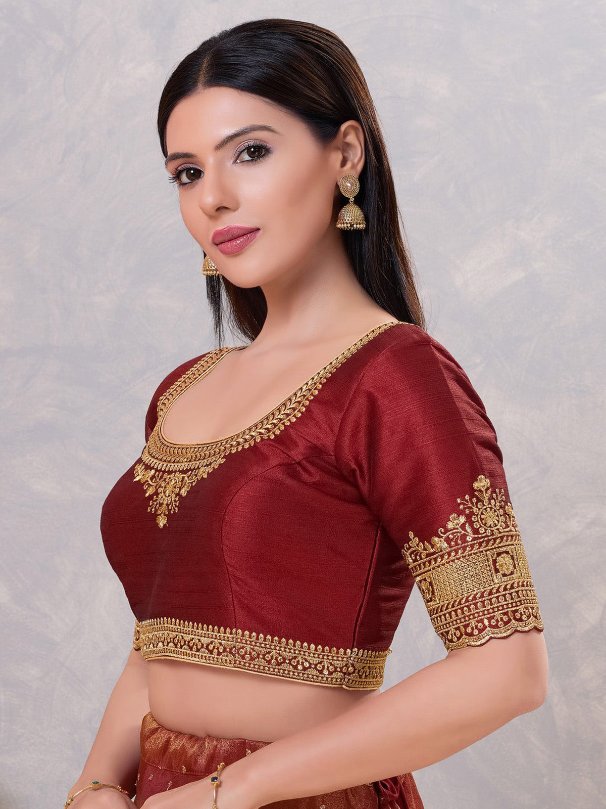 Dark maroon silk embroidery and sequin work blouse