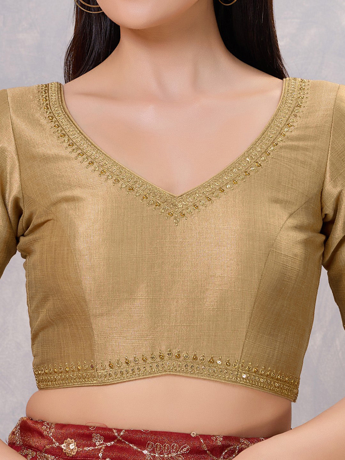 Gold silk V neck stone work blouse