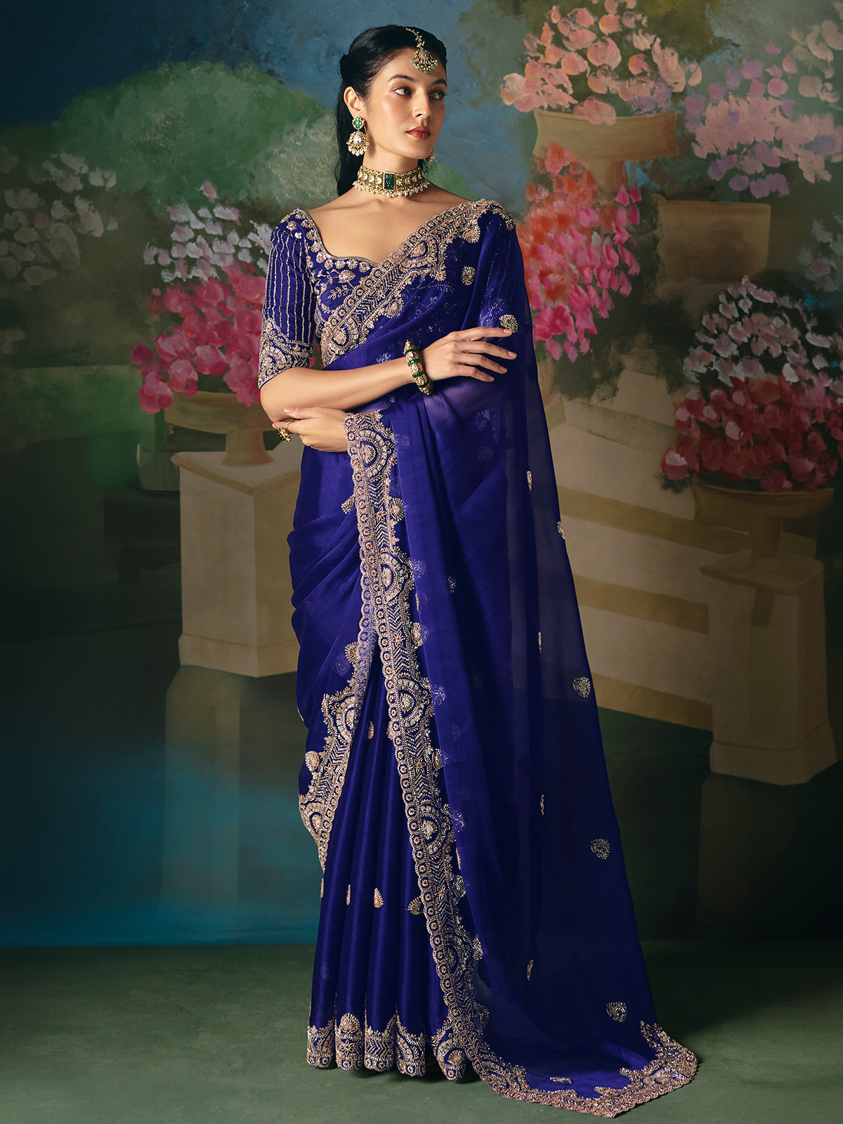 Blue chinon silk saree with heavy work blouse