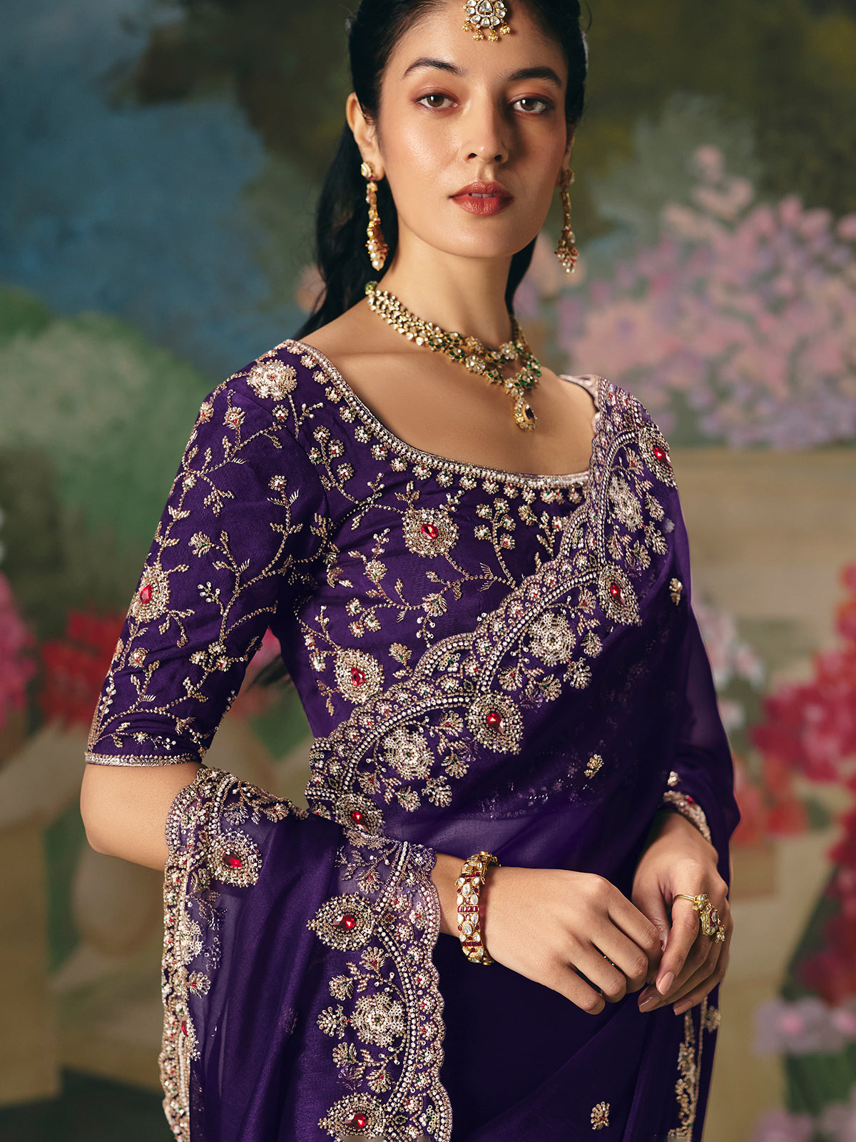 Purple chinon silk saree with heavy work blouse