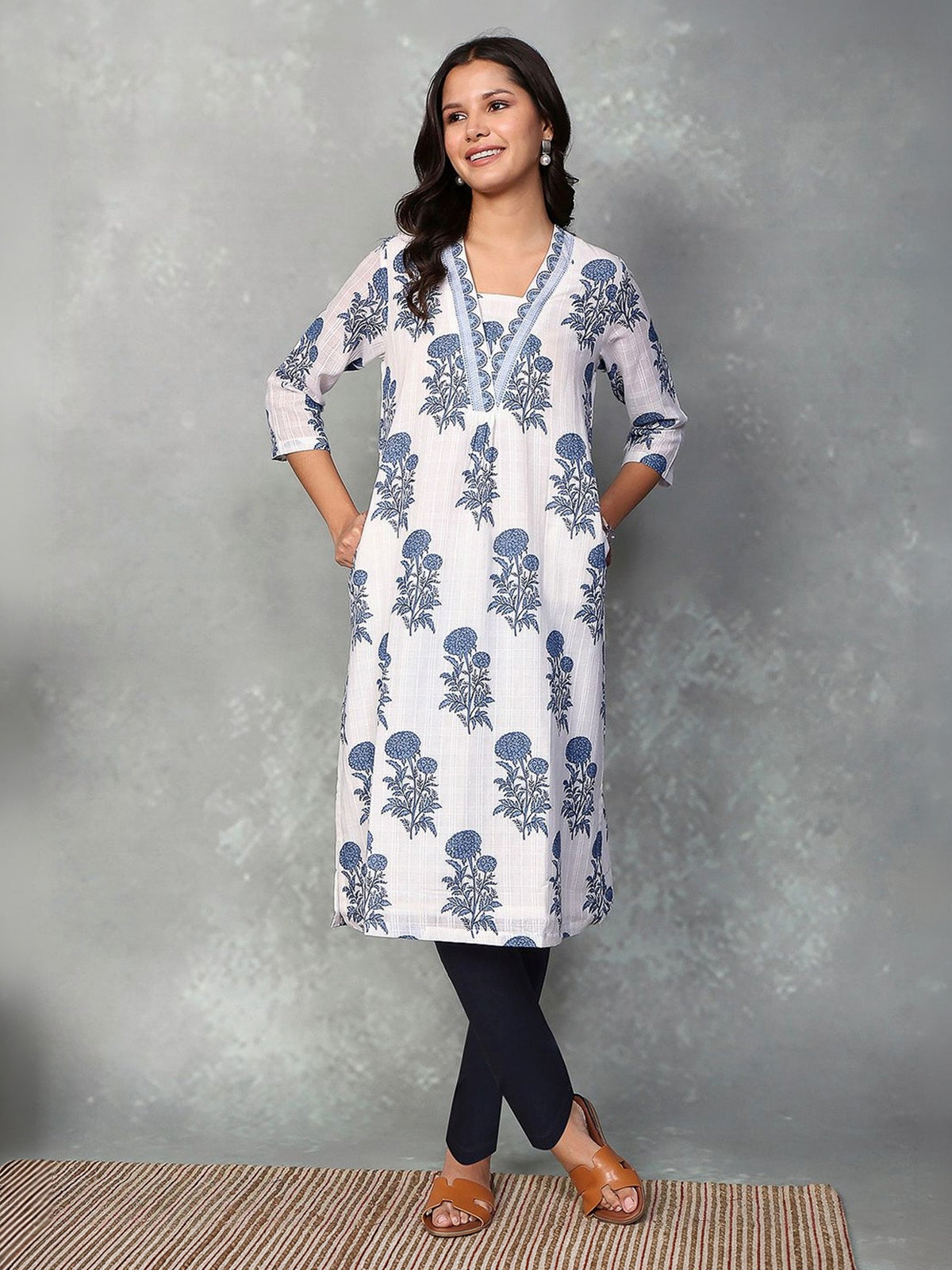 White floral printed linen cotton casual kurti