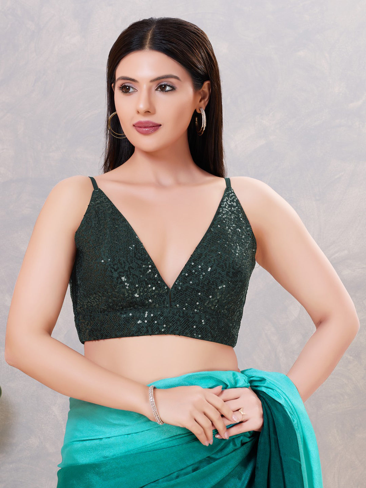 Bottle green sequin V neck blouse