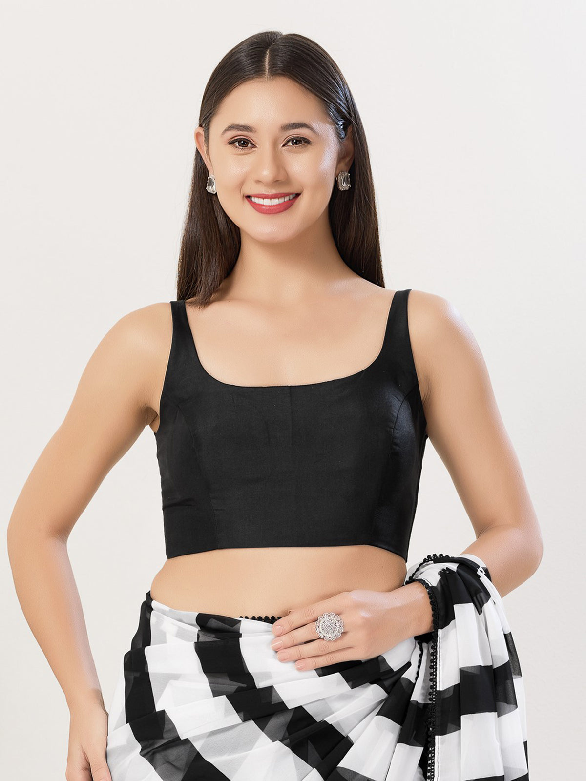Black cotton silk sleeveless square neck blouse