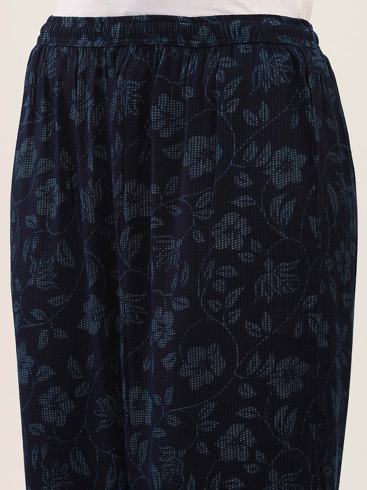 Navy blue floral printed silk kurti set