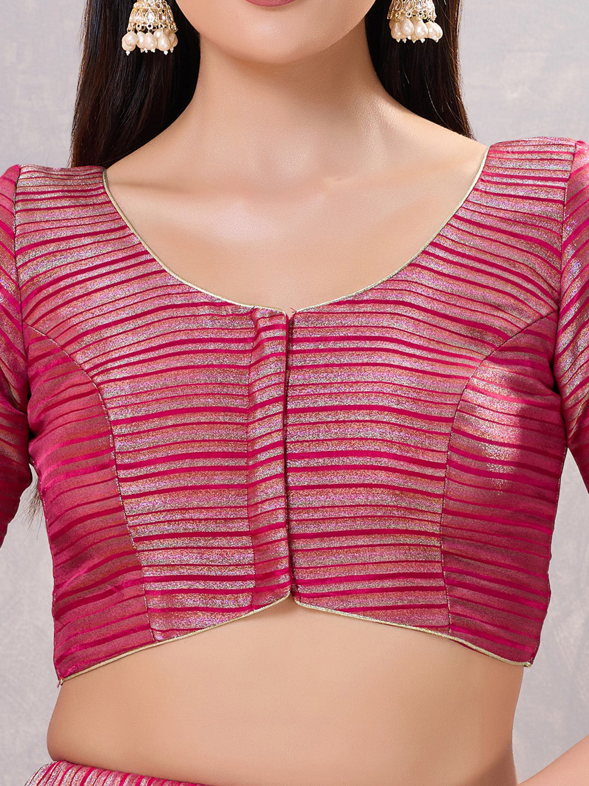 South pink zari silk round neck elbow sleeve blouse