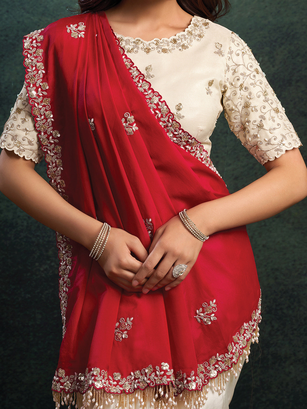Red and white embroidered satin silk saree