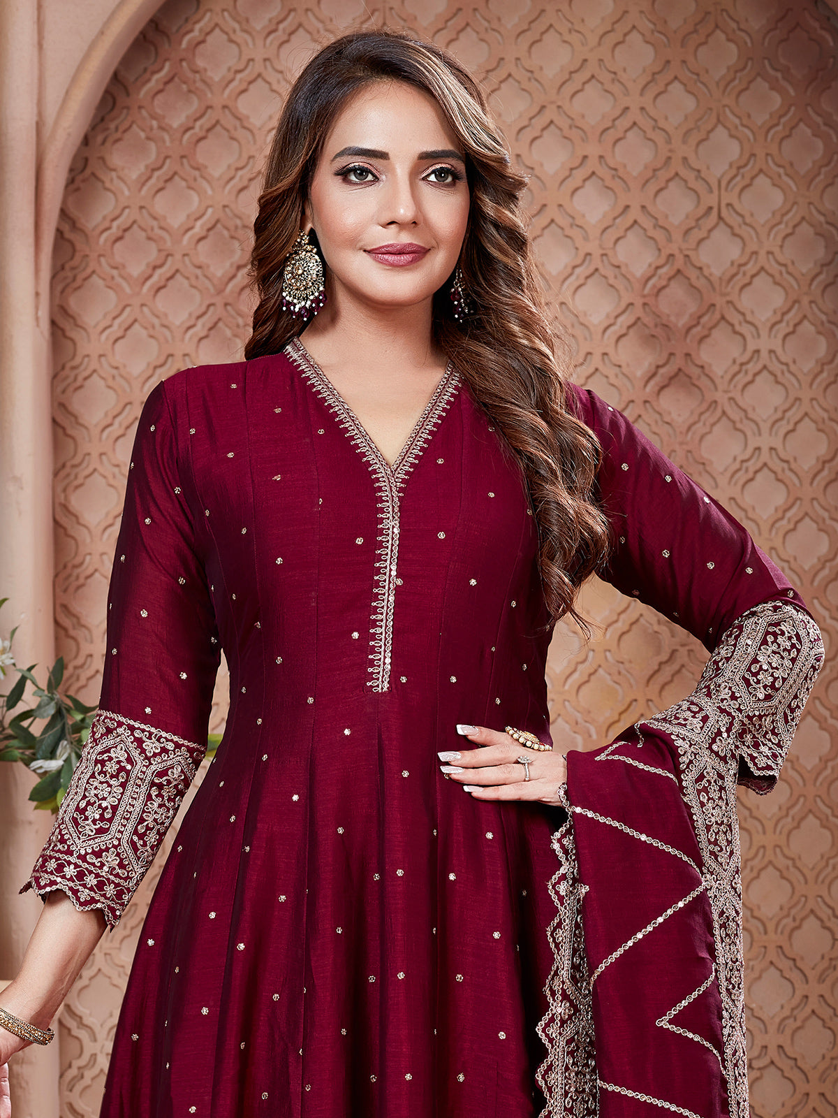 Maroon silk anarkali suit with coordinated dupatta