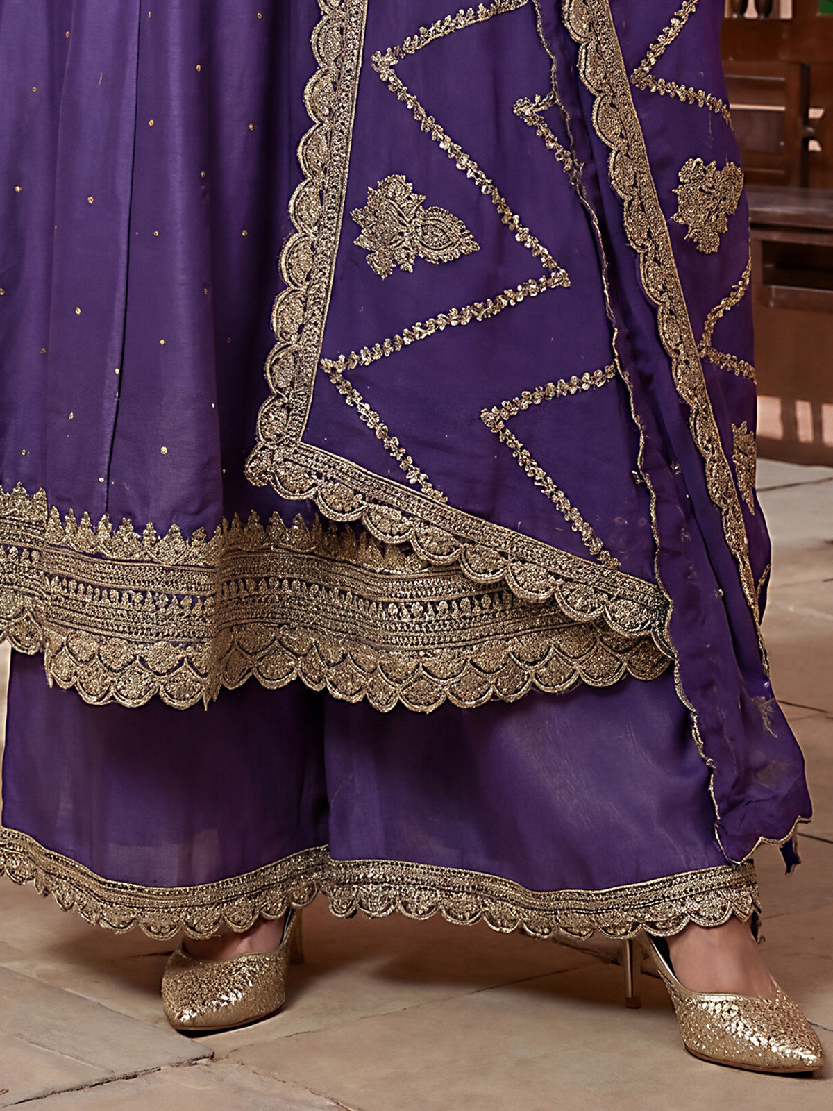 Purple silk pakistani style anarkali palazzo suit for women