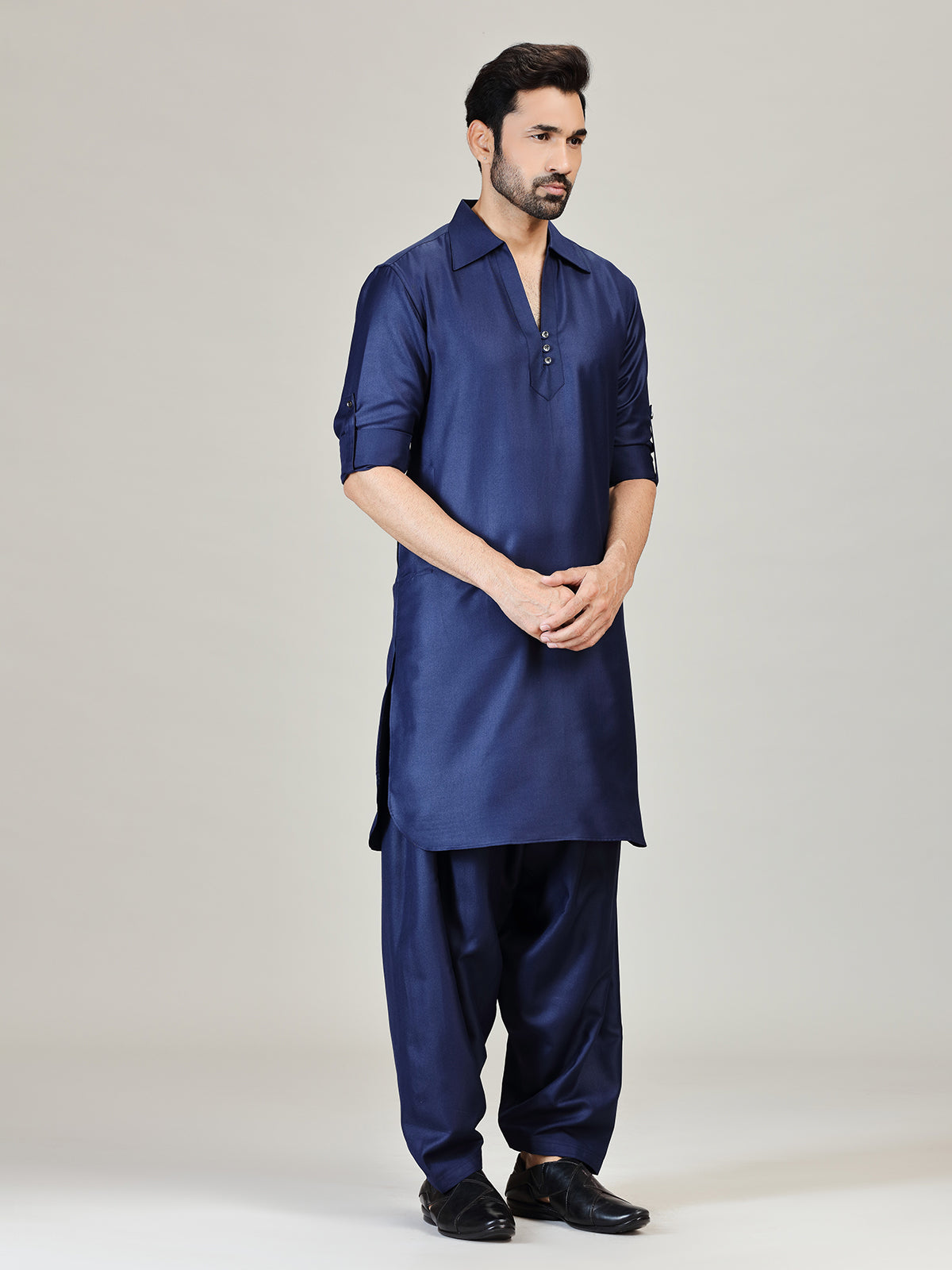 Navy plian pathani kurta suit in cotton silk