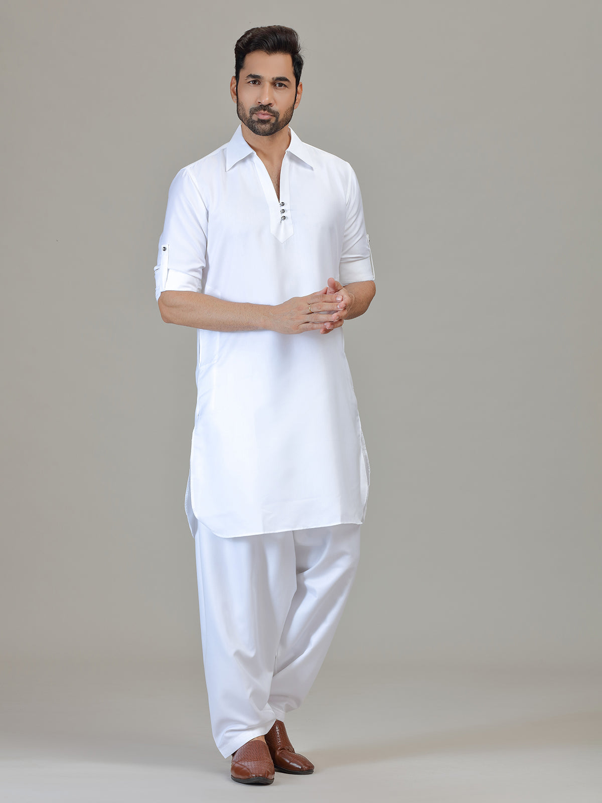 White cotton silk pathani kurta suit for festive celebration