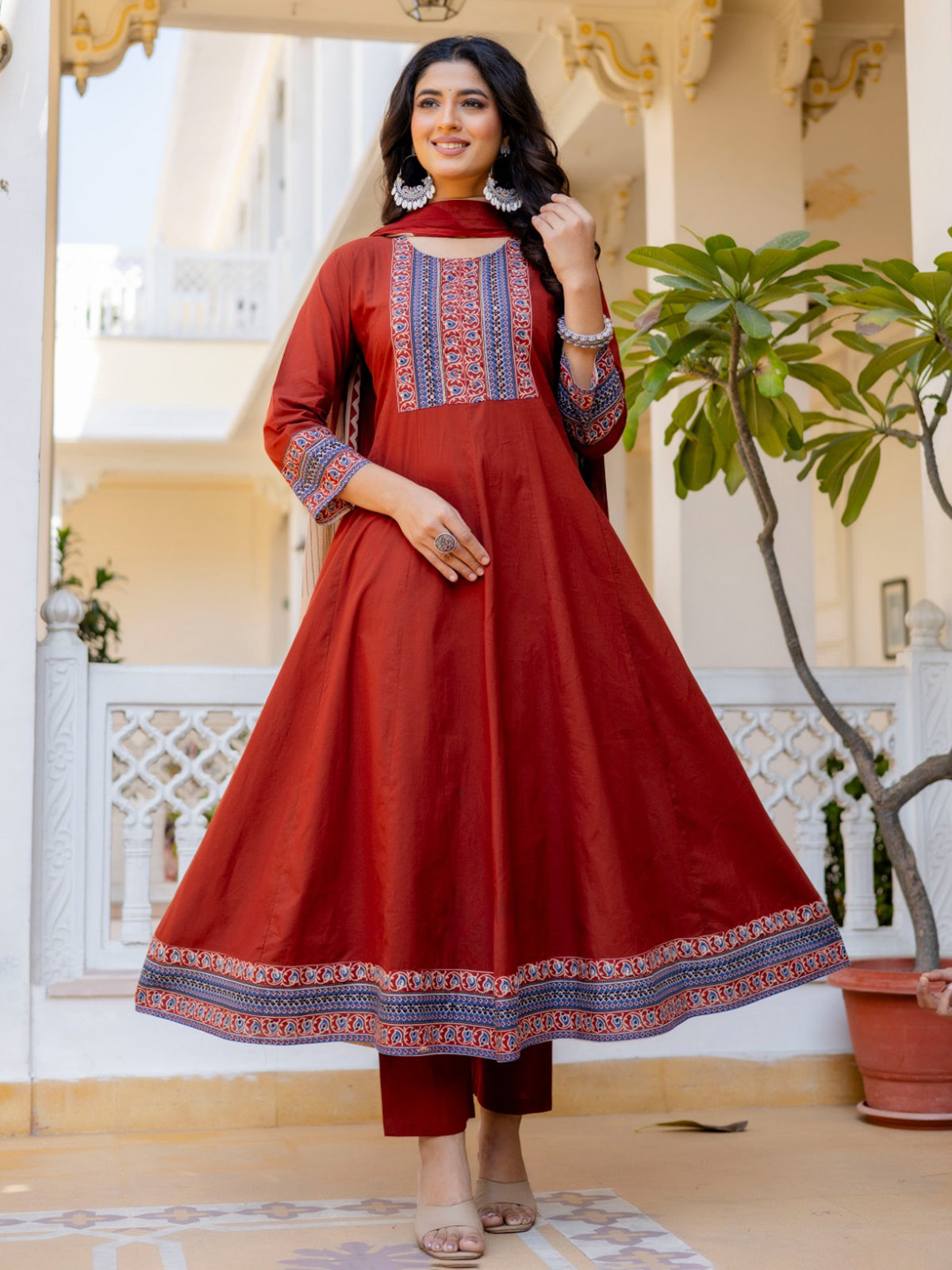 Maroon cotton printed kurti set with printed dupatta