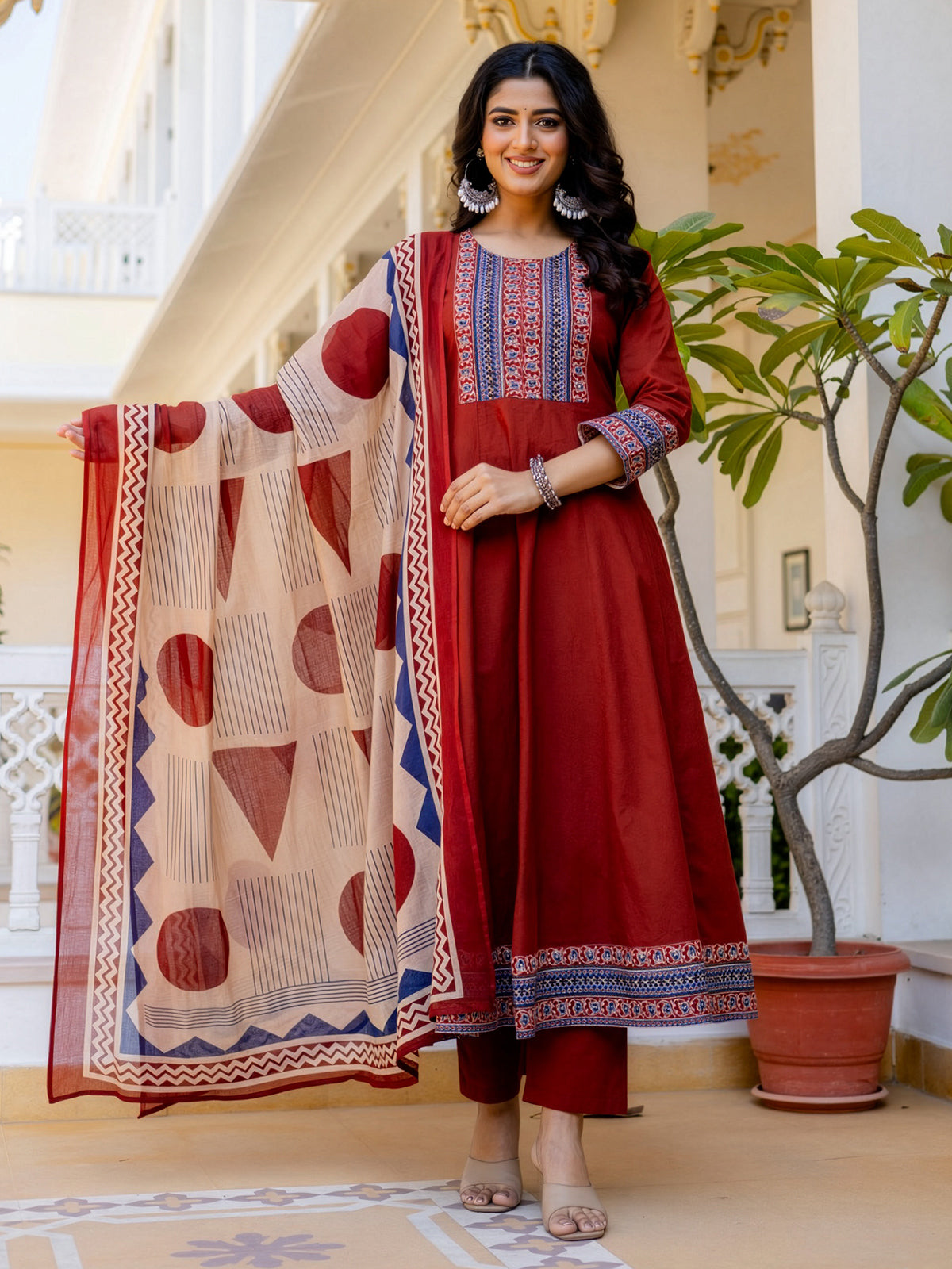 Maroon cotton printed kurti set with printed dupatta