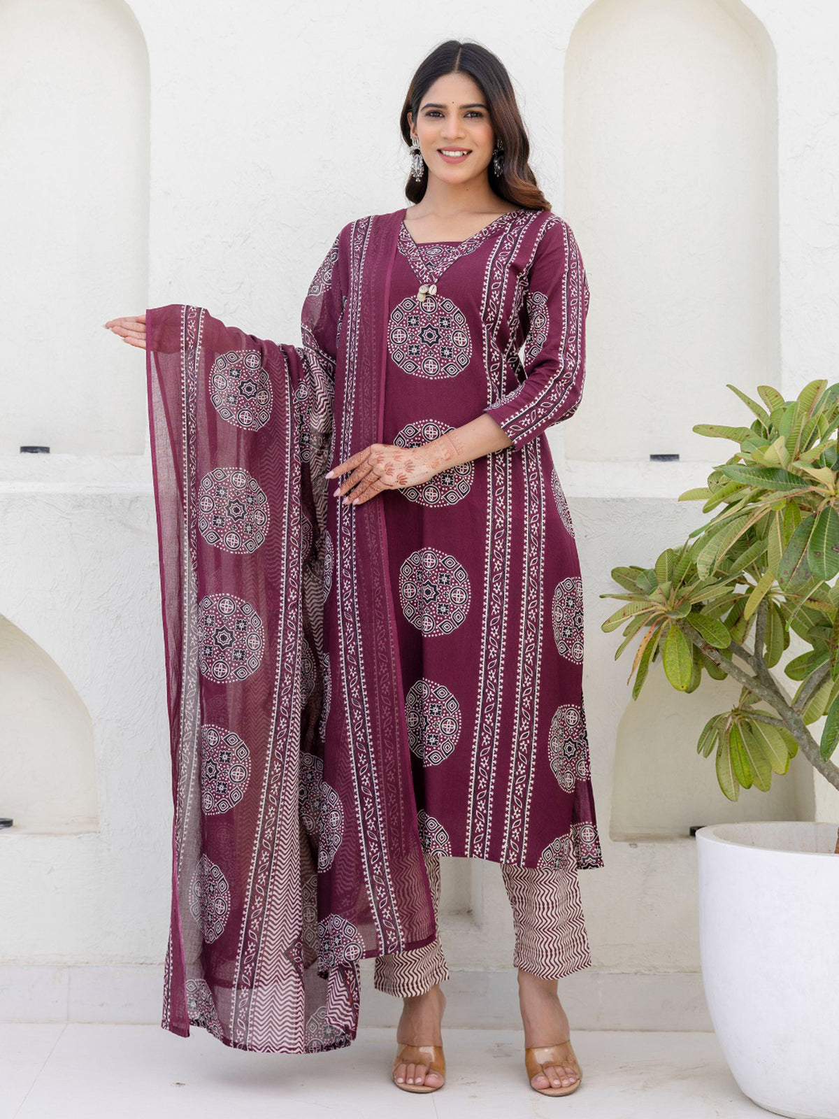 Light wine printed straight cut cotton kurti set