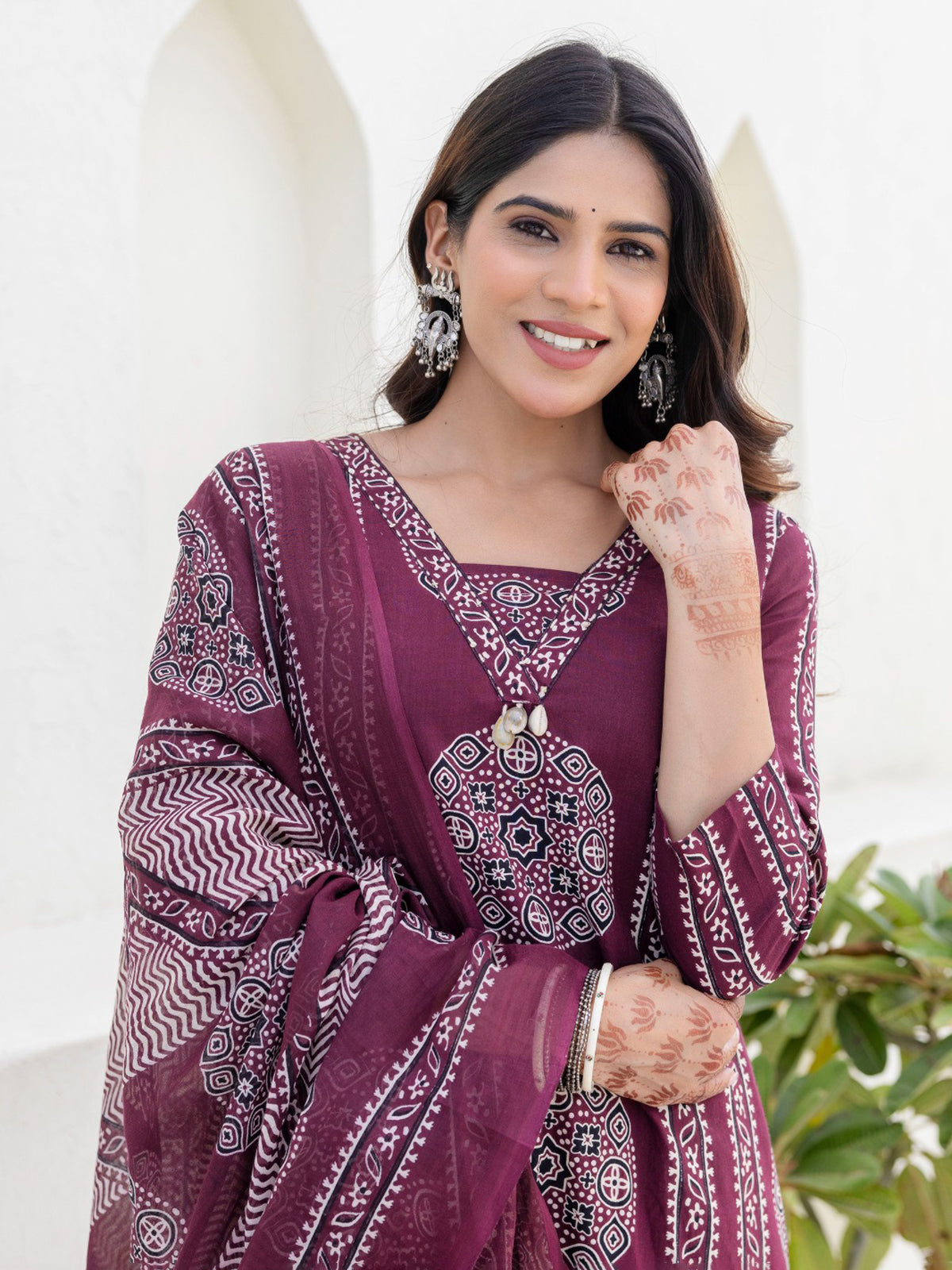 Light wine printed straight cut cotton kurti set