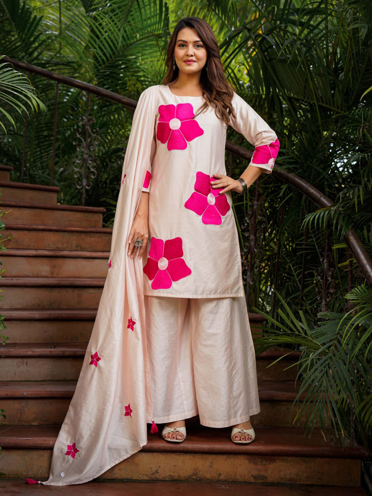 Cream printed crepe silk palazzo kurti set