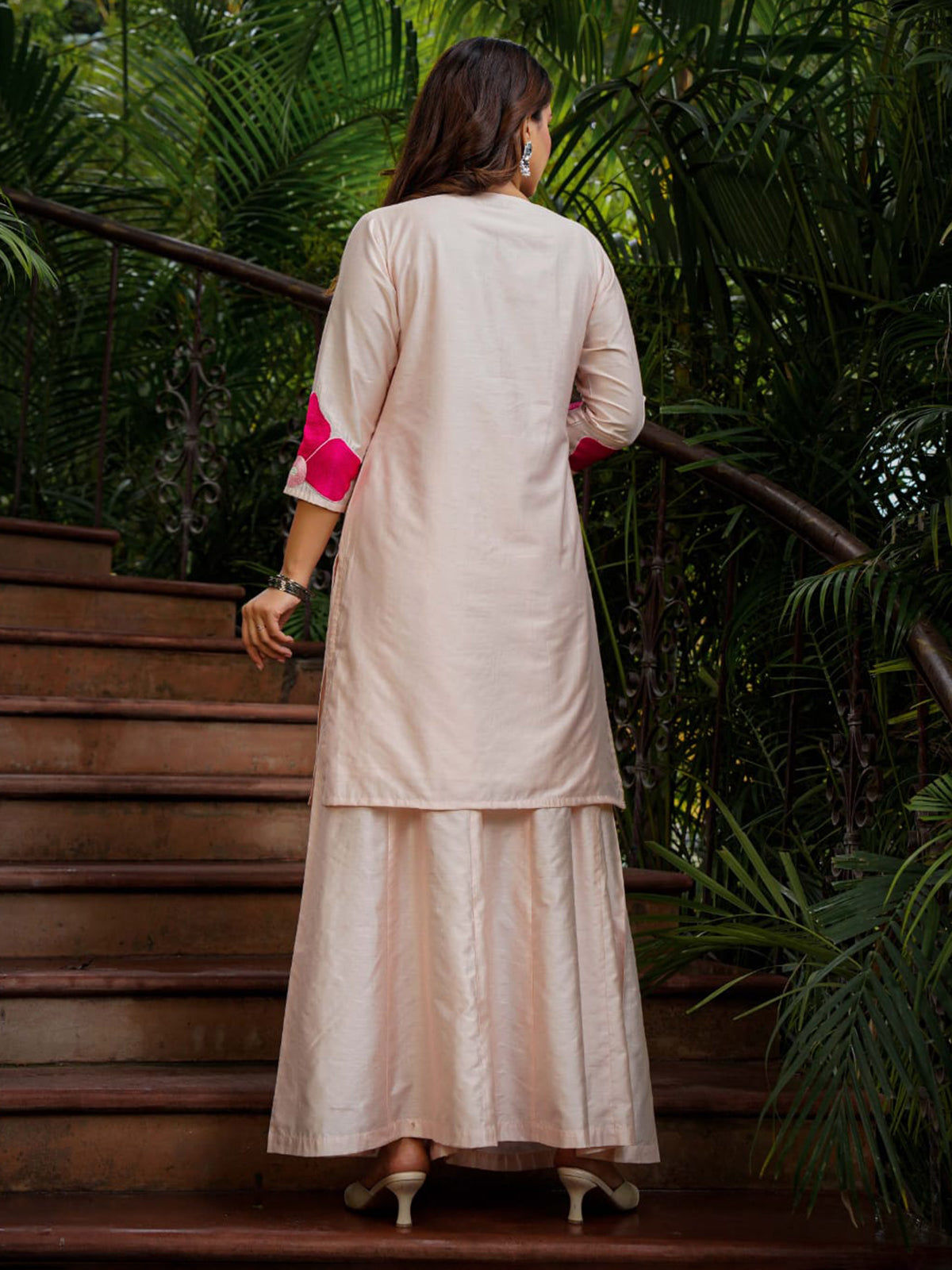 Cream printed crepe silk palazzo kurti set