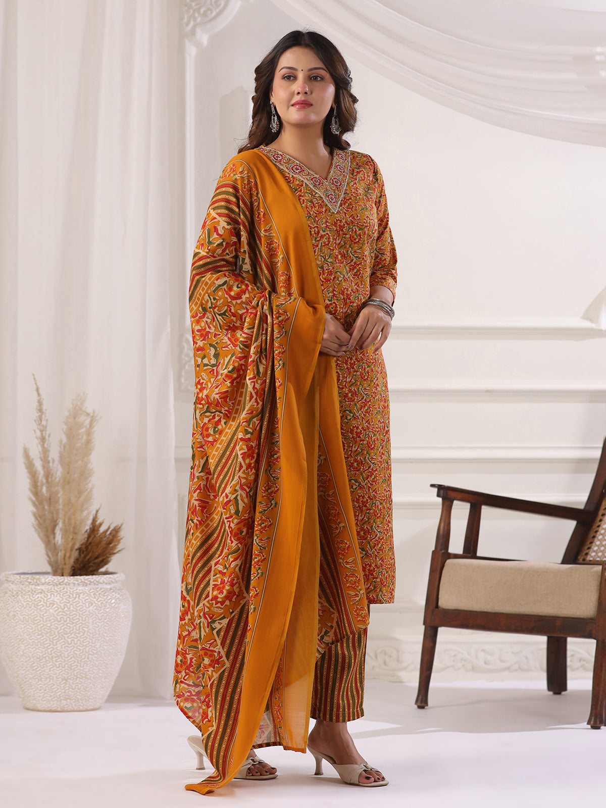 Mustard yellow cotton printed kurti set with V neckline
