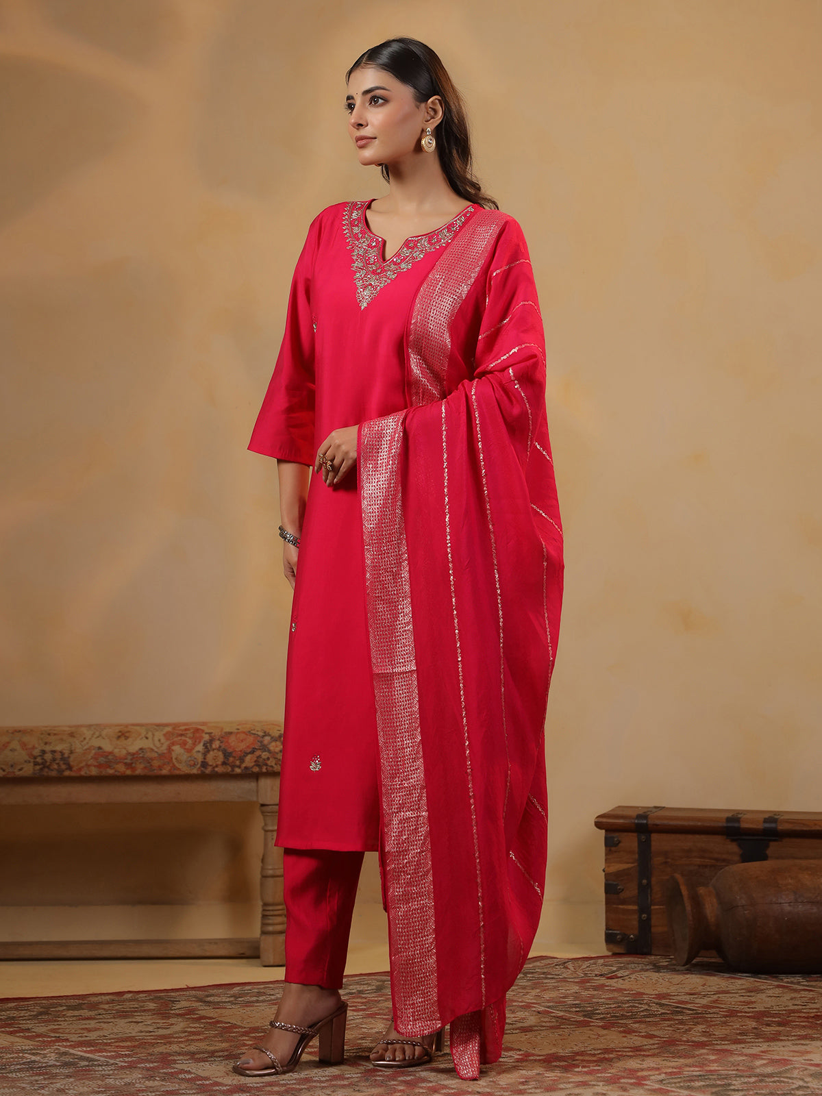 Rani pink cotton silk kurti set for festival wear
