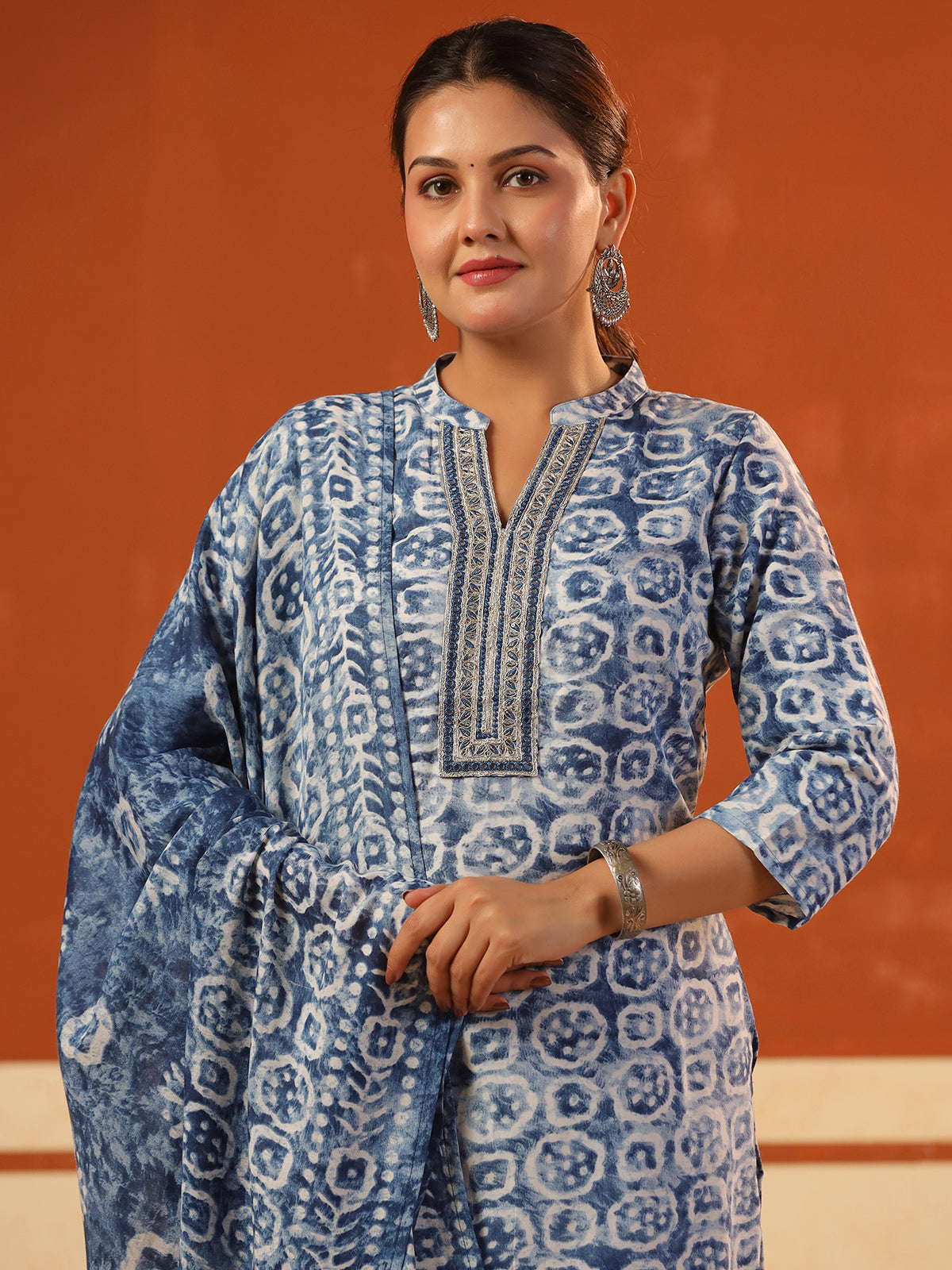 Rama blue cotton printed kurti set with stand collar