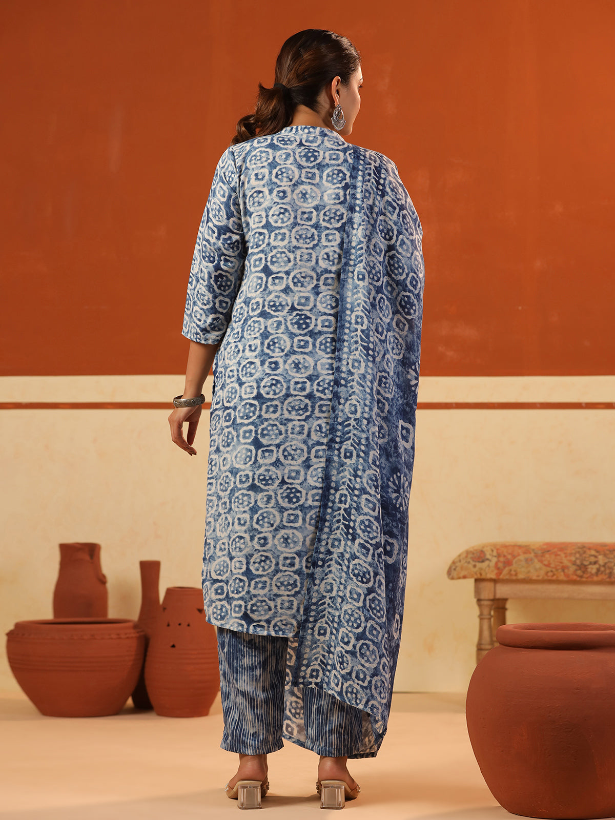 Rama blue cotton printed kurti set with stand collar