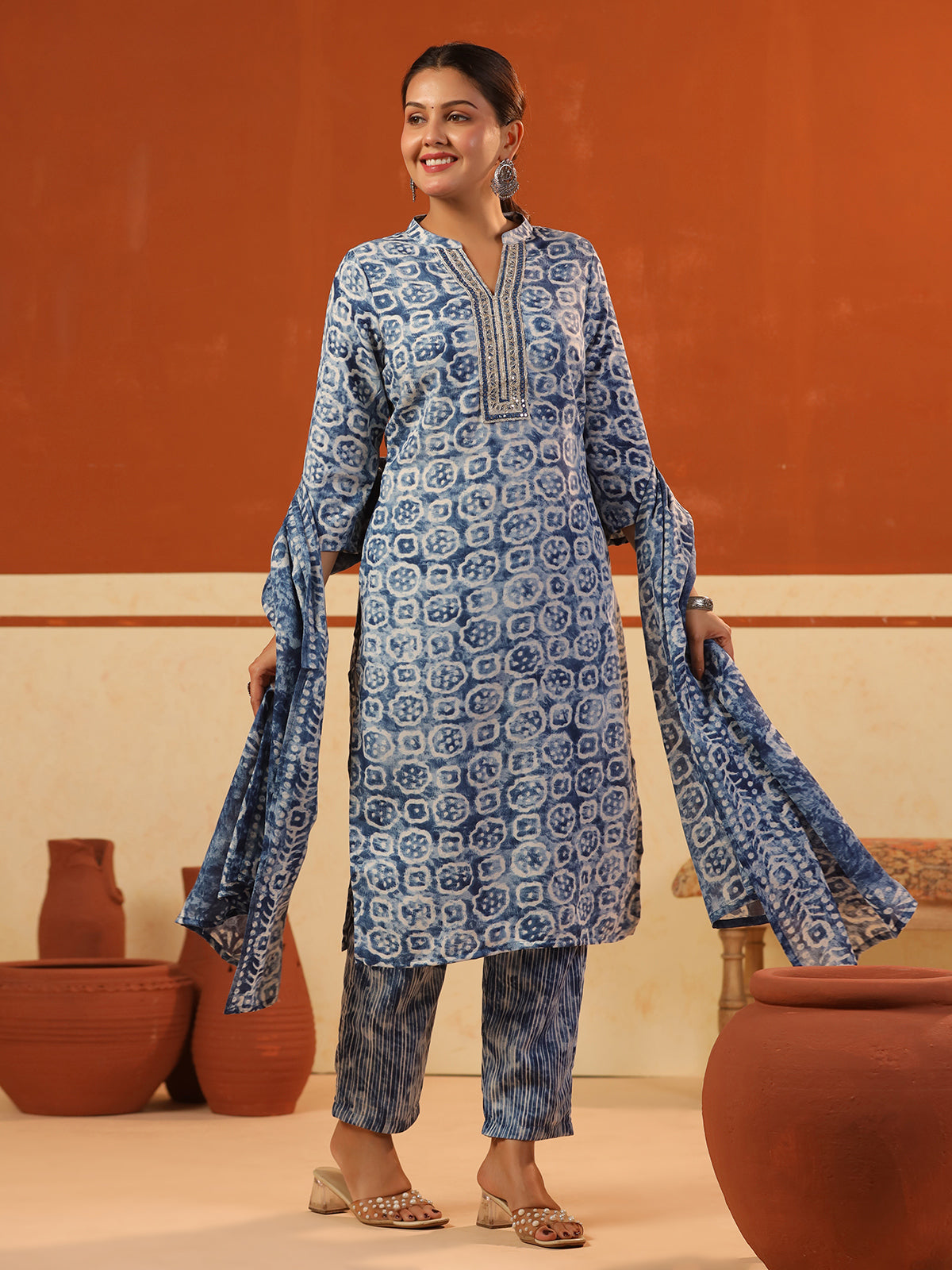 Rama blue cotton printed kurti set with stand collar